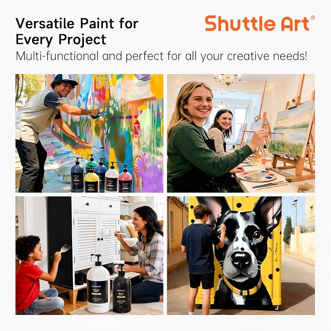 Shuttle Art 6 Colors Acrylic Paint Set, 69oz/2040ml Large Capacity Pump Bottles, Rich Pigments, High Coverage Paint, Fast Drying, Non-Toxic, for Canvas Wood Ceramic Rock Painting & DIY Crafts