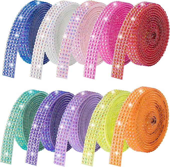 Rhinestone Ribbon Self Adhesive, 10-Rolls Bedazzling Strips, 10-Yard Rhinestone Strips for DIY Craft, Rhinestones for Crafting, 10 Colors