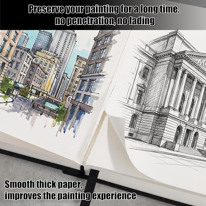 Hardcover Sketch Book 8.5 × 11 in, 180gsm, 80 Sheets, Black | Acid-Free Thick Paper, Marker And Pencil Friendly, Perforated Pages, Elastic Band, Back Pocket