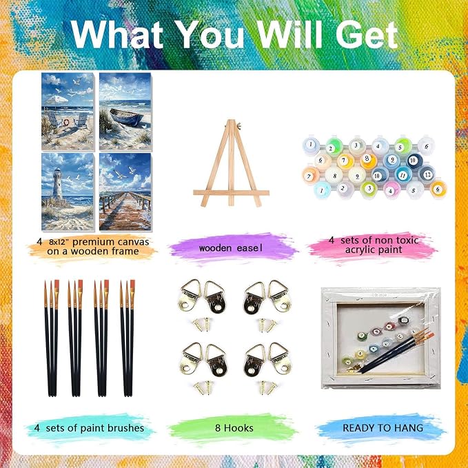 4 Pack Beach Paint by Numbers for Adults with Framed Canvas - Wooden Easel | Beach Paint by Number on Canvas, DIY Coast Acrylic Oil Painting Kits with Brushes for Home Wall Decor (8x12 inch)
