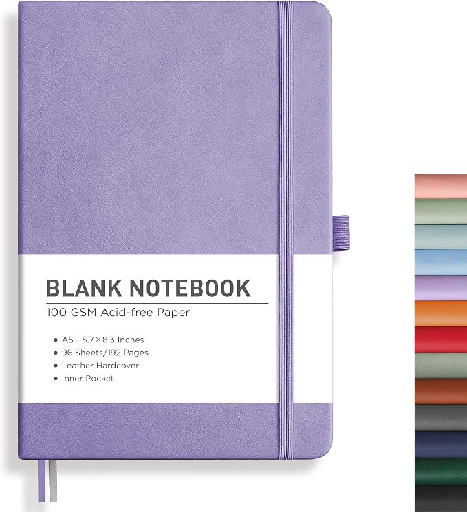 RETTACY Blank Journal Notebook, 192 Pages, A5 Medium Size (5.7'' x 8.3'') | Leather Hardcover, 100 GSM Thick Paper, for Sketching, Drawing, Painting (Purple)