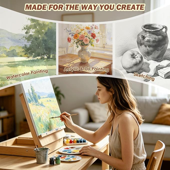 Tabletop Easel for Painting, Adjustable Beechwood Sketchbox, Portable | Features detachable shoulder strap for travel, Large storage box with adjustable angles for adults, artists & beginners