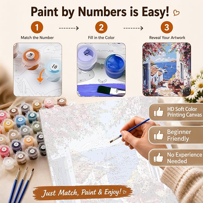 AUKELHJ Paint by Numbers Kit for Adults Beginner, Seaside Town, 16X20 Inch | Paint by Number for Adults, Beginner Friendly, High-Definition Color Canvas, Stress Relief, Home Decor, Gifts, Unframed