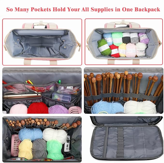 LTINVECK Knitting Bag Backpack,Yarn Storage Organizer Travel Crochet Bag,Large Capacity Tote Bag Yarn Holder Case for Carrying Projects, Knitting Needles, Crochet Hooks Pink