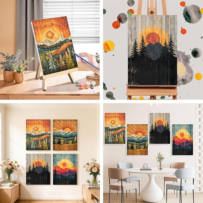 4 Pack Framed Paint by Numbers Kit for Adults with Wooden Easel - Sunset Landscape Paint by Numbers with Frame for Beginners, Adult Paint by Number Kits Framed Canvas for Home Decor Gift 8x12 Inch