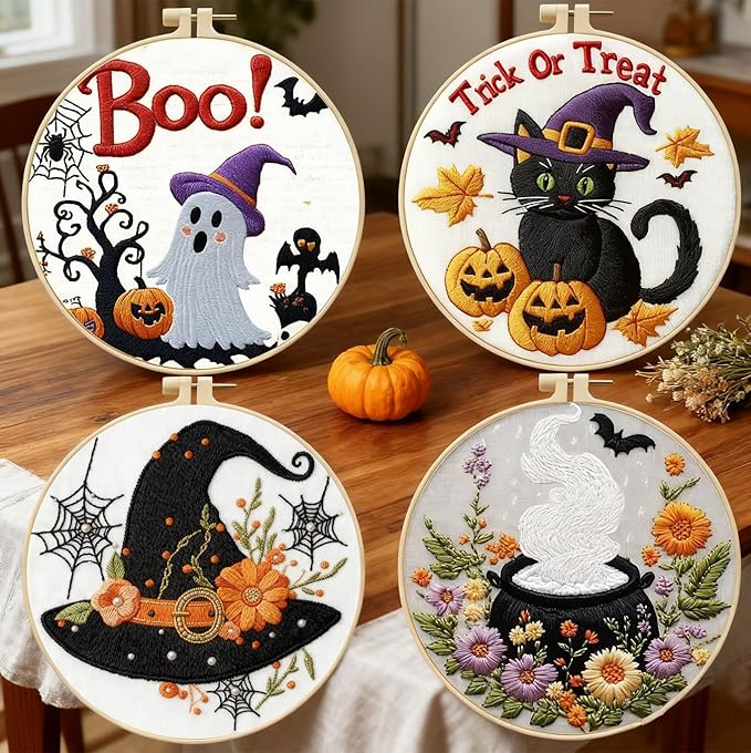 Zhenqing 4-Piece Halloween Embroidery Kit for Beginners - Spooky Ghost, Witch Hat, Black Cat & Cauldron Designs with Pre-Printed 29x29cm Cotton Fabric, Hoop, Threads & Tools(C0165)