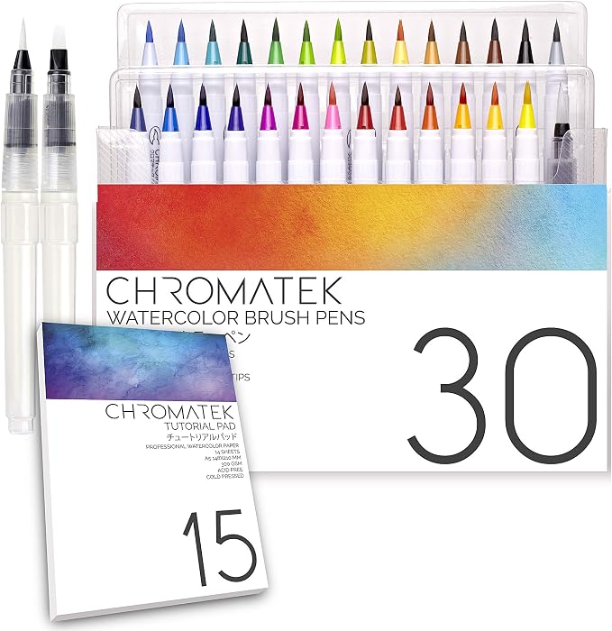 CHROMATEK 30 Watercolor Brush Pens | 15 Page Tutorial Pad & Online Video Series | Brush Tips | Vivid, Blendable Professional Artist Quality | 27 Colors | 3 Aquapens | Complete Water Color Painting Set