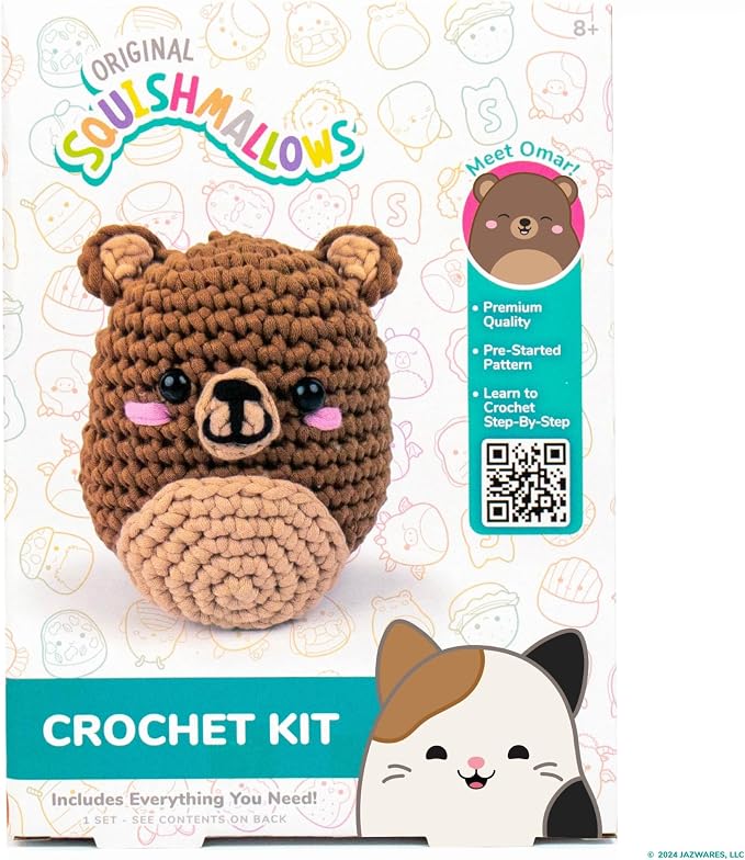 Original Squishmallows Omar the Bear Crochet Kit, Includes Yarn, Crochet Hook, Starter Hooks, Step-By-Step Tutorials, Exclusive Crochet Kit for Beginners, DIY Craft, Crochet Kits, Great Teen Gifts