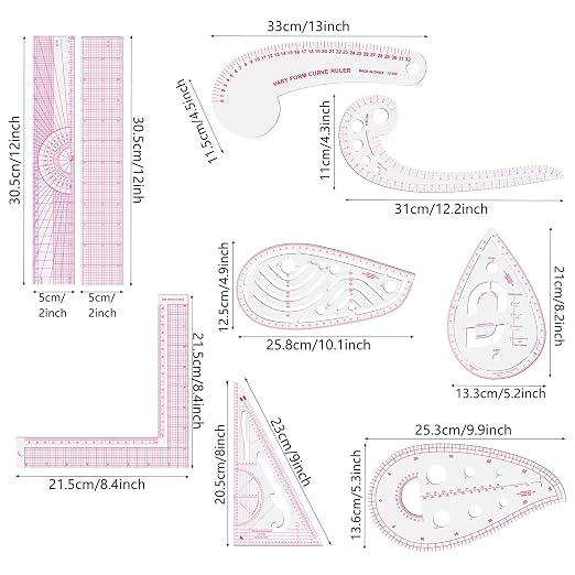Clear Metric Sewing Rulers,French Curve Sewing Rulers Set,Sewing Tools Supplies for Quilting, Dressmaking, Tailors, Designers, Flexible PVC, 9PCS