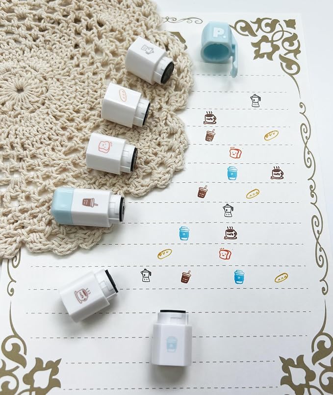 6-in-1 Retractable Pre-Inked Pen Roller Stamp – Coffee Theme Self-Inking Stamp Set Includes Coffee Cup, Latte, BreadEspresso, Café – Rotatable Detachable Design for Coffee Lovers, Planners, Journals