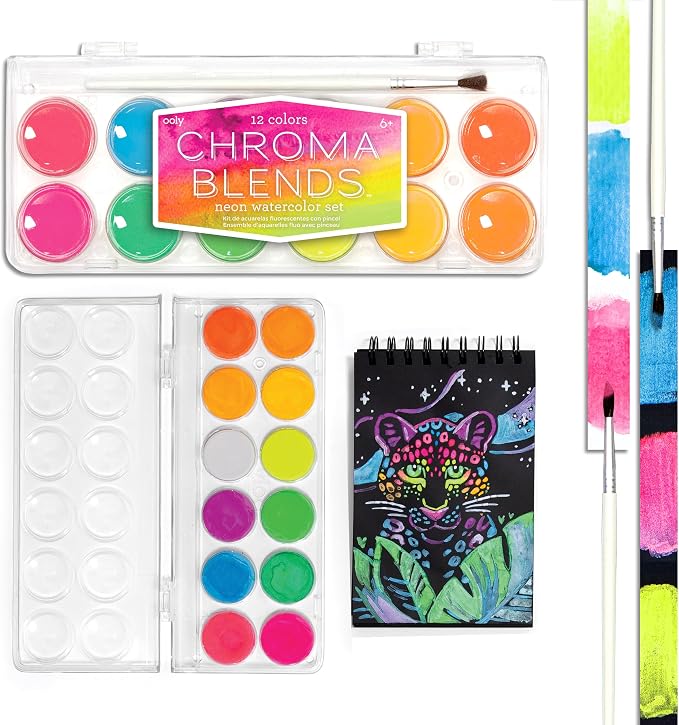 Ooly Chroma Blends Neon Watercolor Paint Set | Ages 6+, Bright Neon Colors in a Portable Case, Brush Included, Watercolor Art Supplies for Creative Kids and Adults