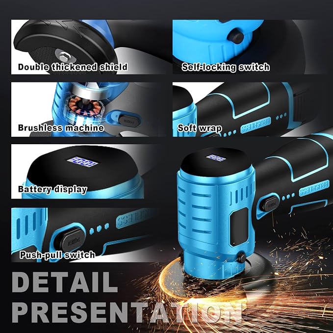 ZFULVO Cordless Angle Grinder Brushless Kit 19500rpm Cutting and Grinding | 3-Inch Mini Electric Angle Grinding Tool, 2x16.8V 2000mAh Battery & 6-Cutting Discs Grinder Handheld Cutter for Metal Wood