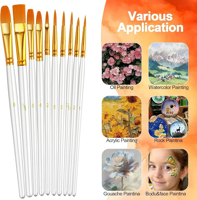 Paint Brushes Set, 5 Pack 50 Pcs Round-Pointed Tip Paintbrushes Nylon Hair Artist Acrylic Paint Brushes for Acrylic Oil Watercolor, Face Nail Art, Miniature Detailing & Rock Painting, White