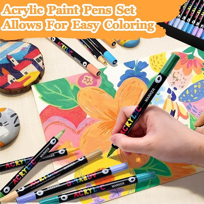 48 Colors Acrylic Paint Markers Set, 24 Pack Dual Brush Tip Acrylic Paint Pens for Stone, Wood, Calligraphy, Canvas, Ceramic, Glass, Rock Painting, Christmas Gifts for Teens, Art Painting Supplies Kit