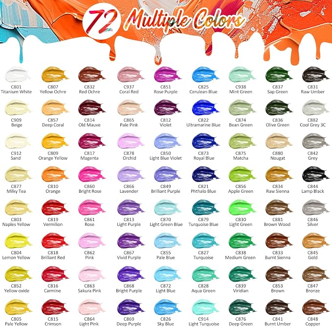 Caliart 72 Colors Acrylic Paint Set with 12 Brushes | Craft Painting kit for Adults Artists Beginners, Rich Pigment Non-toxic, Canvas Wood Rock Pumpkin Ceramic Art Supplies Paint