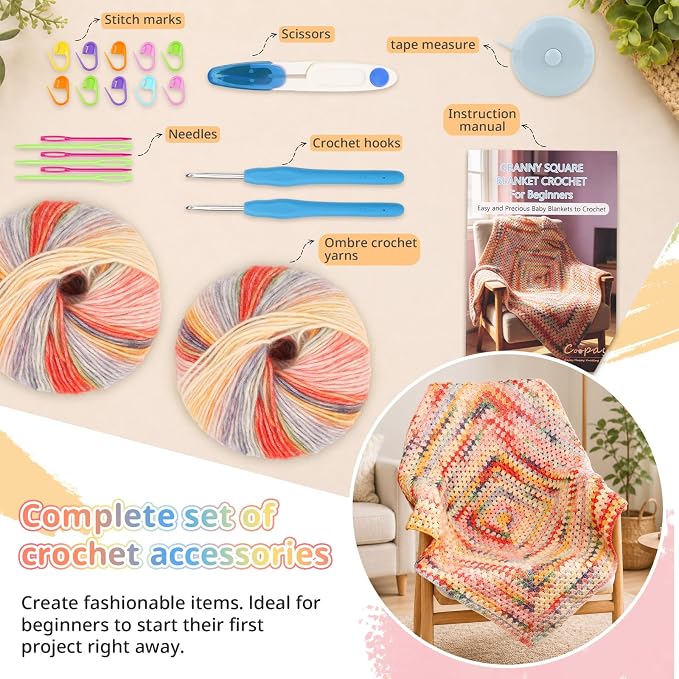 Coopay Crochet Kit for Beginners, Variegated Granny Square Blanket Kit