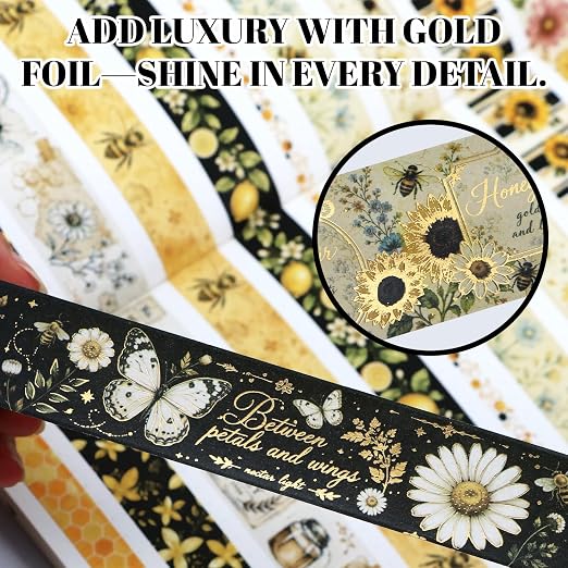 Bee Washi Tape Set 23 Rolls - 7 Sizes | Decorative Tape for Junk Journal Supplies, Scrapbook, Planner