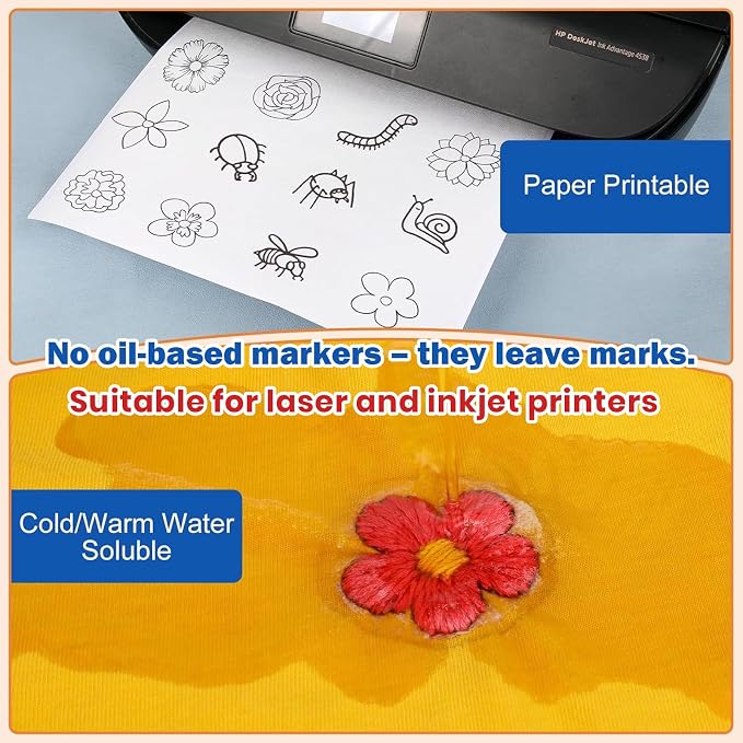 FURWEY Wash Away Embroidery Stabilizer,12PCS 8.5x11,Self Adhesive,Printable | Water Soluble Embroidery Paper, Self Adhesive & Printable, for Hand & Machine Use, 8.5 x 11 Inches, 12 Sheets