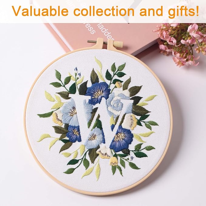 Harimau Letter Pattern W Embroidery Kit for Adult Beginners, Complete Starter Pack with 1 Hoop, Needles, Instruction Guide & Embroidery Stitch Video Tutorials
