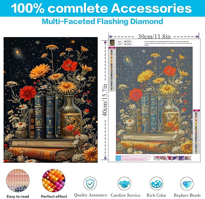 Square Drills Diamond Painting Kits, Book Floral Diamond Art Square 12x16in | Book Flowers Diamond Painting Kit Square Drill, 5D Flower Diamond Art Square Drills Kits for Aldults Home Decor Gifts