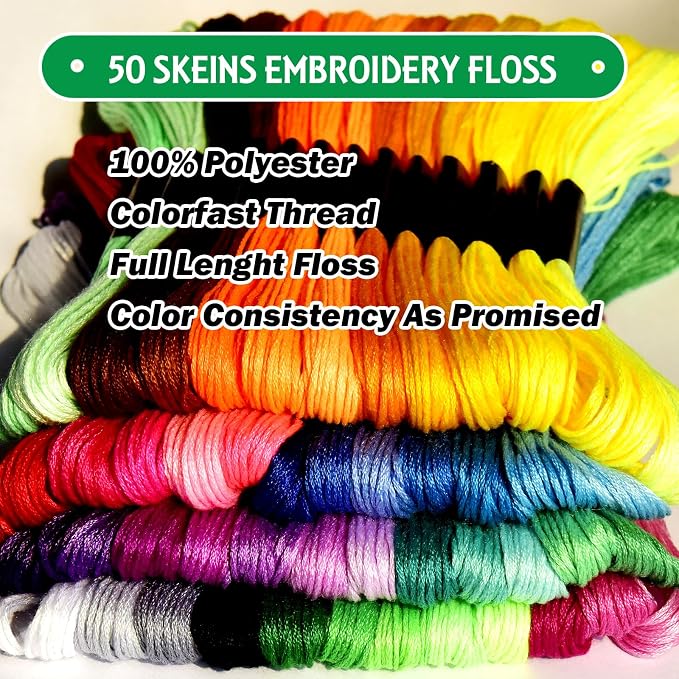 LE PAON 50 Skeins Embroidery Floss Rainbow Color Per Pack Cross Stitch Threads Friendship Bracelets Floss Crafts Floss (50)