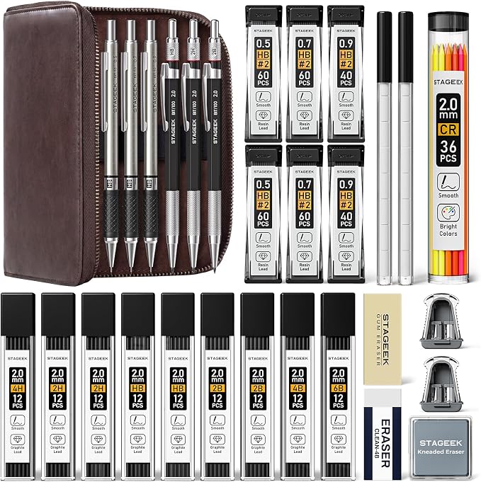 STAGEEK 30PCS Mechanical Pencil Set with Leather Bag, 0.5, 0.7, 0.9 ＆ 2mm | Drawing Pencils with 464PCS Lead Refills (6B 4B 2B HB 2H 4H Color), Erasers, Sharpeners, Artist Pencil for Sketching Drafting