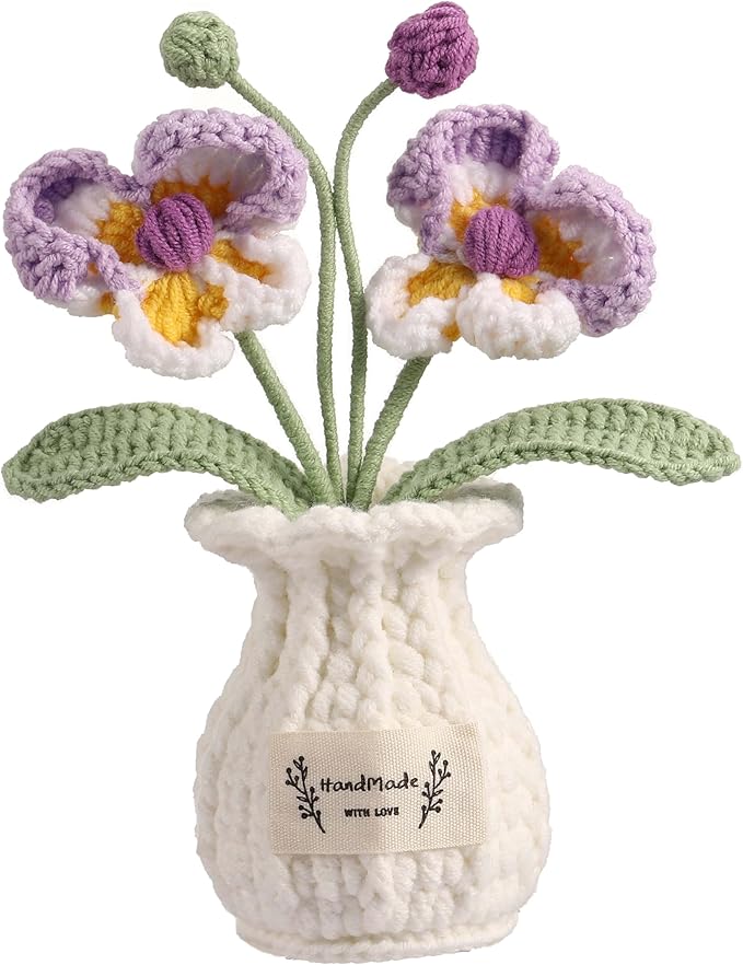 Orchid Crochet Flower Pot Purple Handmade Knitted Phalaenopsis Desk Decor for Home Office