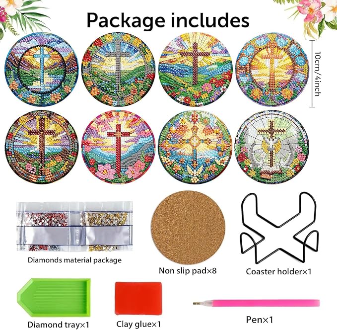 mrpwnle 8 Pack Diamond Art Coasters Kits - Cross Diamond Painting Coasters