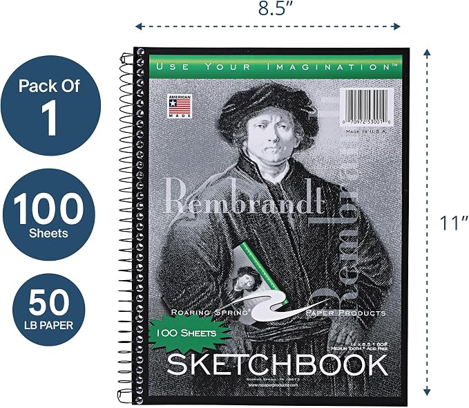 Roaring Spring Rembrandt Spiral Sketchbook Pad, 100 Sheets, 8.5" x 11"