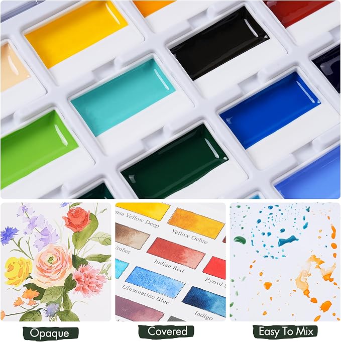 Fuumuui CREAMORA Watercolor Paint Set 24 Color Opaque Semi-Solid Timeless Tones | Professional Art Supplies with Strong Pigments & Coverage, for Artists Beginner Painters Amateur Hobbyists Painting