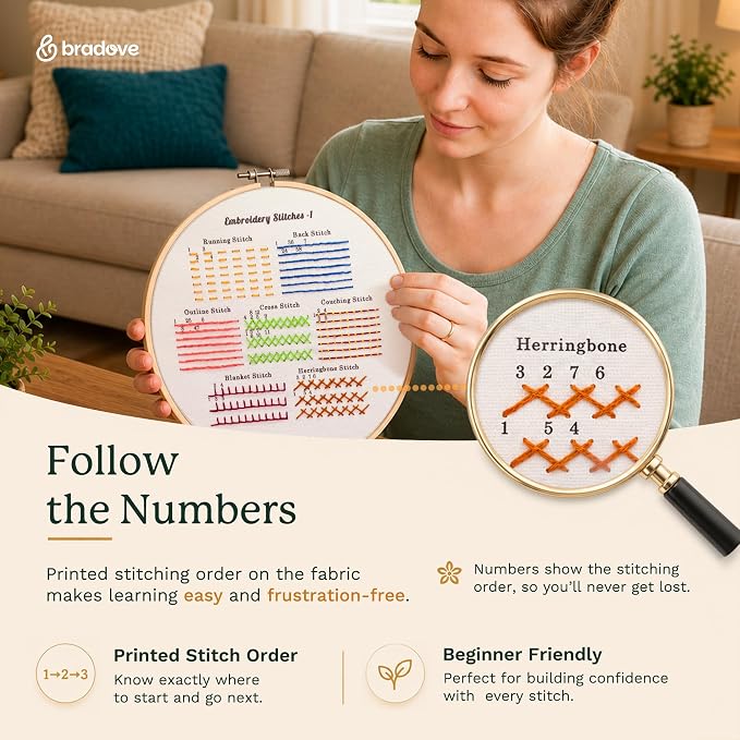 Bradove Classic Embroidery Learning Kit for Adults and Kids | Hand Embroidery Kit for Beginners with Patterns, Beginner Embroidery Kit for Adults, Stitches Practice, Learn to Embroider