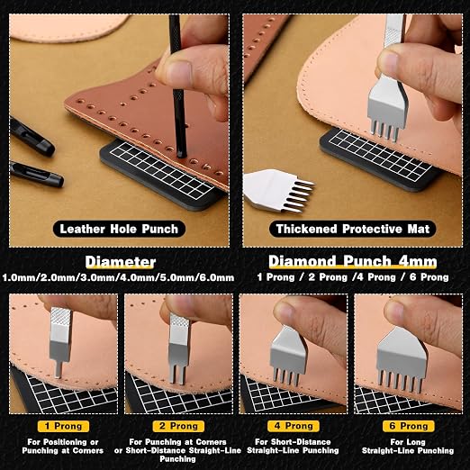 Leather Stitching Punch Hole Punch Tool Set, 4mm 1/2/4/6 Prong Punch Chisel