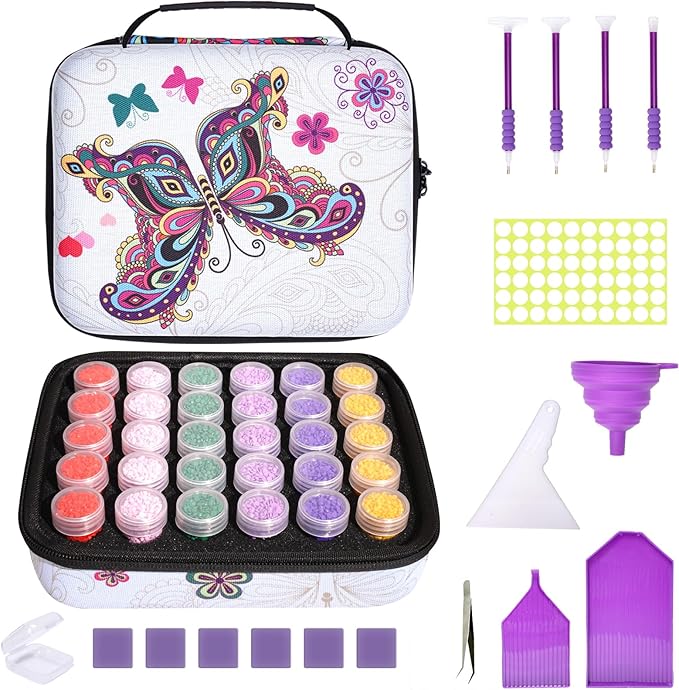 MoeeBtee Diamond Painting Storage Containers, 30 Slots Diamond Painting Accessories with Tools for Diamond Art Organizer Craft Jewelry Beads Storage Box - Butterfly