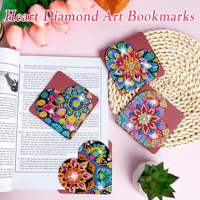 WIVICO 4Pcs Diamond Painting Bookmarks, Diamond Pearl Art Kits for Adults | DIY Bookmark,Diamond Dots Paint By Numbers Kit,Gifts for Book(Heart)