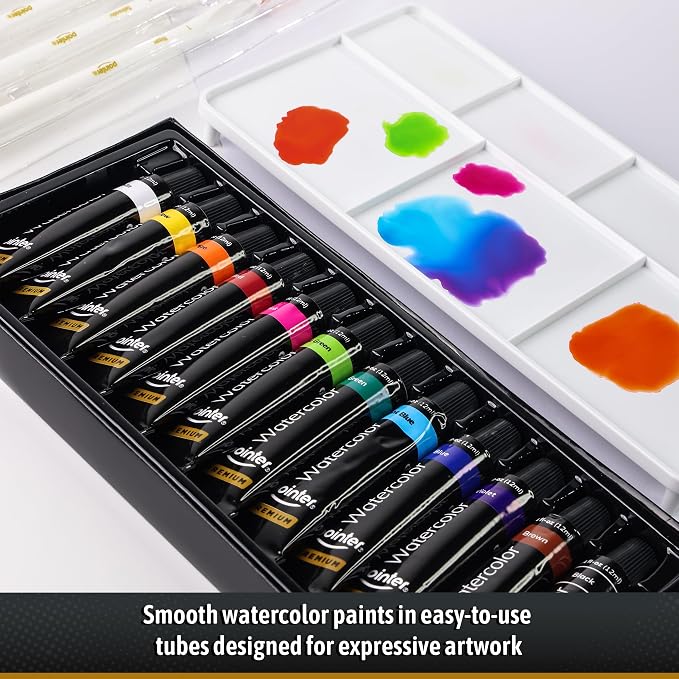 Pointer Premium Watercolor Palette Paint Set – Artist Quality, Ideal for Painting, Sketching, Coloring Craft Projects, School, and Everyday Creative Art Fun, 0.4 fl oz Tubes With 12 Vibrant Colors