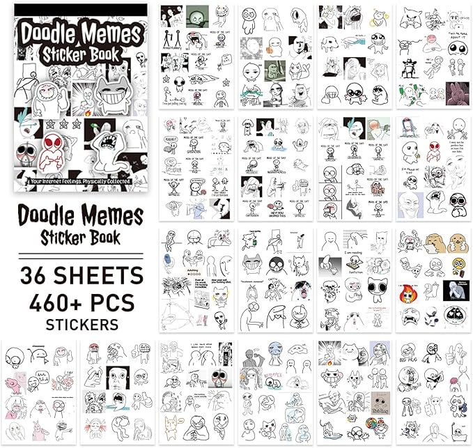 PRSTINCOL Meme Sticker Book, 36 Sheets 460+ Pcs, Black and White Funny Meme Stickers for Adults and Teens, Die Cut Vinyl Stickers for Journaling Scrapbooking DIY