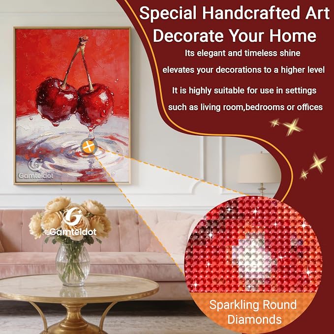Gamteldot Cherry Diamond Art,Diamond Painting Kits for Adults Beginner,DIY Cherry Diamond Art Kits 5D Full Drill Gem Art Craft with Complete Tools,for Home Wall Decor and Gift-12x16in