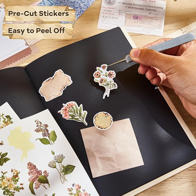 440PCS Vintage Scrapbook Supplies Kit – 360 Sheets Decorative Papers & 80Pcs Aesthetic Botanical Stickers, Retro Ephemera Pack for Journaling, Planners, DIY Collage