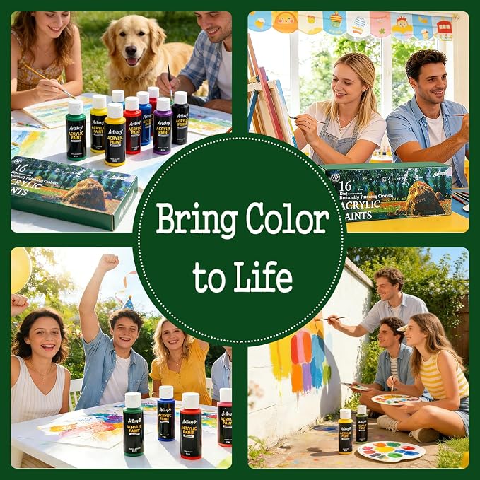 Artkey Acrylic Paint Set, 16 Colors 2 oz/59 ml Acrylic Paint Kit for Professional Artists & Beginners – Summer Bold Art & Craft Supplies for Canvas, Wood, Fabric, Rock, Leather, Ceramic, Glass