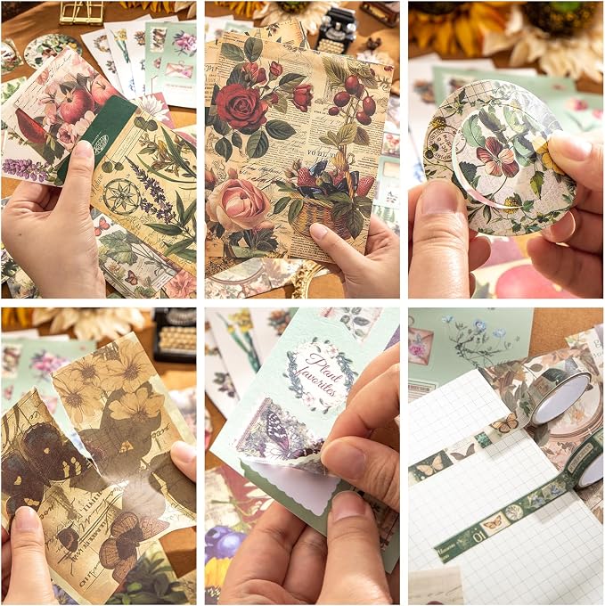 Scrapbooking Supplies Kit, Vintage Botanical Aesthetic Scrapbook Kit for Bullet Junk Journal, Stationery, A6 Grid Notebook, Flower DIY Journaling Supplies, Birthday Craft Gift for Women Craft Lover
