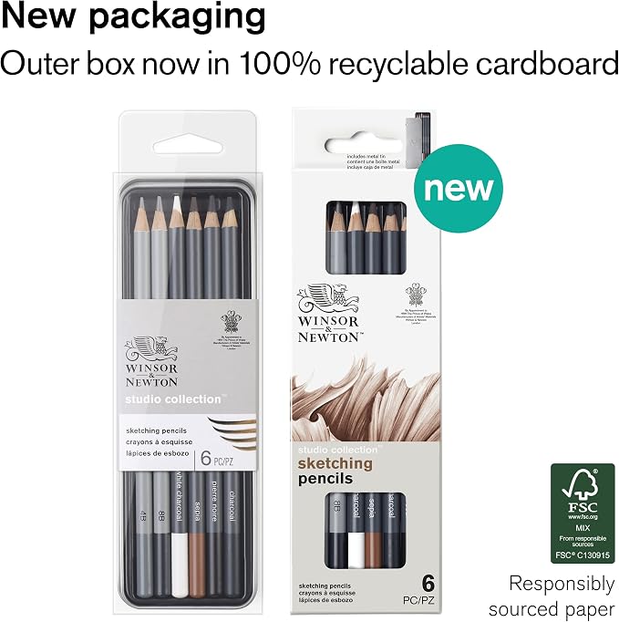 Winsor & Newton Studio Collection, Sketching Pencils, Set of 6 | Soft, Thick Core pencils, Varied Hardness, Soft Smooth Texture, Easy Blending, Stylish Metal Tin Included, High Quality Lead