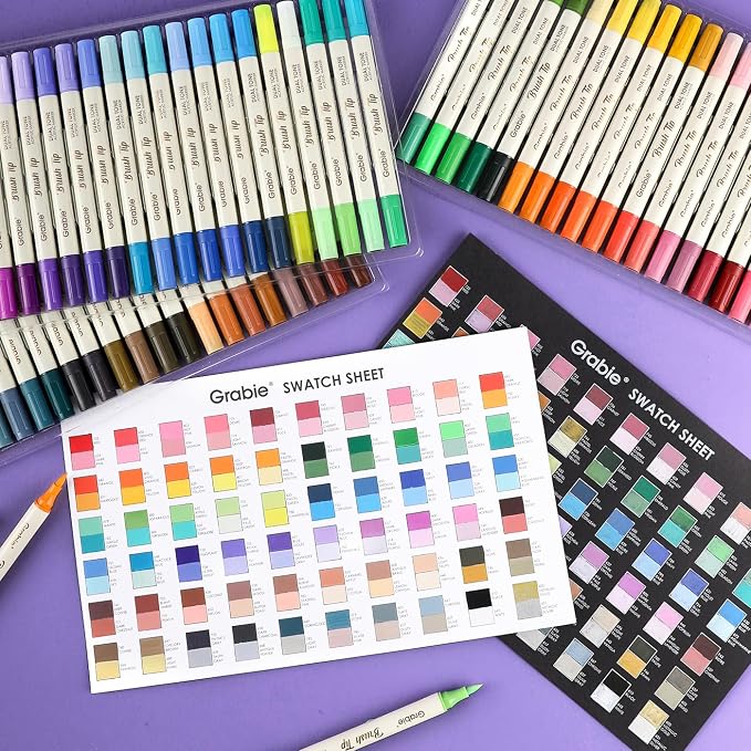Grabie 120 Color Acrylic Paint Markers, Pack of 60 Dual Tip Brush Pens | 120 Colors in 60 Markers,Dual Tip Soft Brush Design,Water-Based Acrylic Ink For Paper, Rock, Wood, Canvas, Glass & Fabric