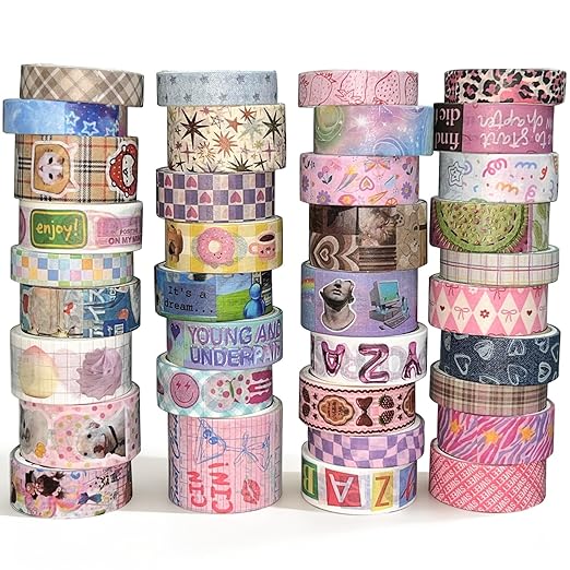 36 Rolls Vaporwave Aesthetic Washi Tape Set, Decorative Scrapbook Tape for Journaling, Bullet Journals, Planners, DIY Crafts and Gift Wrapping