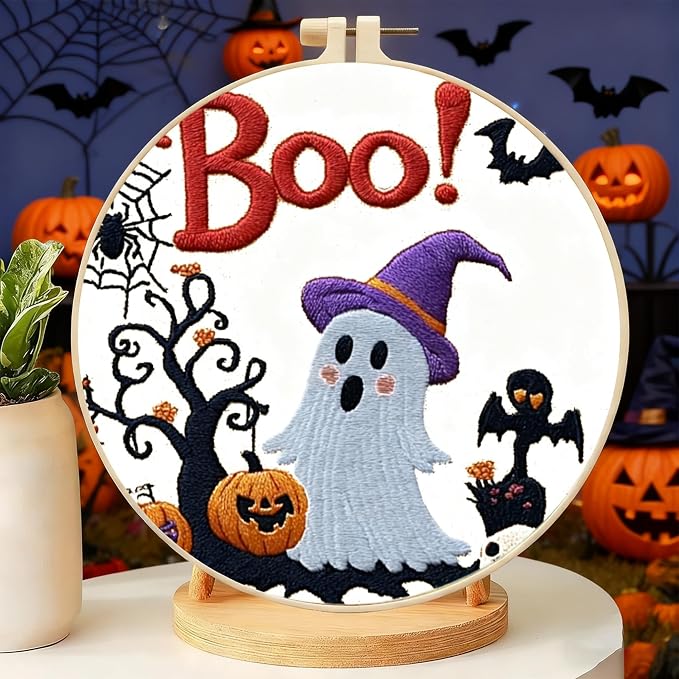 Zhenqing Halloween Ghost Embroidery Kit for Beginners, Cute Boo Needlework Kit with Pre-Printed Cotton Fabric, 20cm Hoop, Threads & Tools, Spooky DIY Wall Decor (C0117)