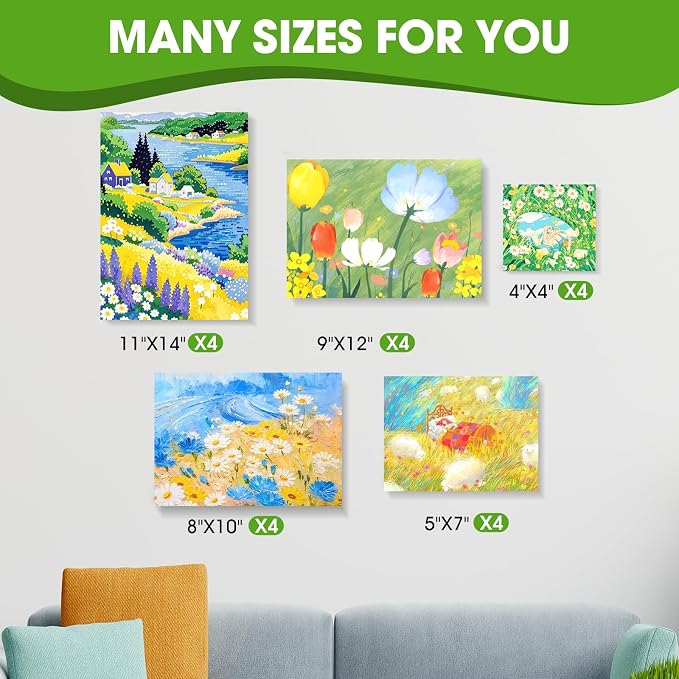 Stretched Canvas for Painting, Multi Size 11x14, 9x12, 8x10, 5x7, 4x4(4 of Each), 20 Packs Primed Blank Canvases, Very Good for Beginners or Professionals.