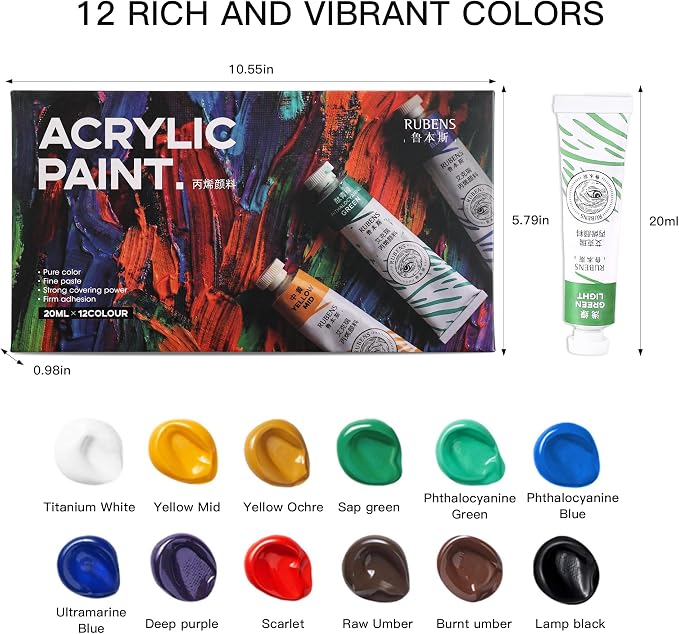 rubens Artist Grade Heavy Body Acrylic Paint, 12 Colors Vivid Acrylic Paint Set (20ml, 0.68 oz Tubes), High Pigment Art Supplies for Canvas, Wood, Rock Crafts, Painting Supplies for Professionals, Beginners