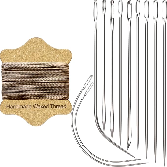 VONEEDL Upholstery Repair Kit: Waxed Sewing Thread (Khaki Color) & Heavy Duty Needles (11 PCS) for Leather, Canvas & Quilting Thread