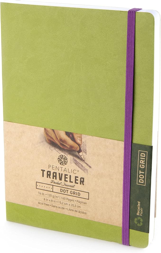 Pentalic 6 x 8" Pocket Dot Grid Traveler Journal, 160 Pages, Olive Green