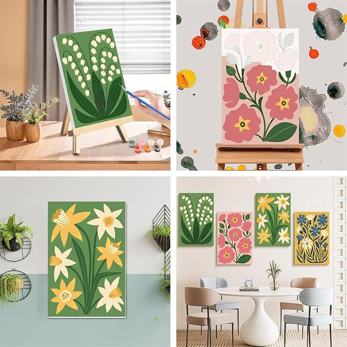 4 Pack Flower Paint by Numbers for Adults with Framed Canvas - Wooden Easel | Easy Flower Paint by Number for Beginners, Flowers Acrylic Oil Painting on Canvas with Brushes for Home Wall Decor 8x12 inch
