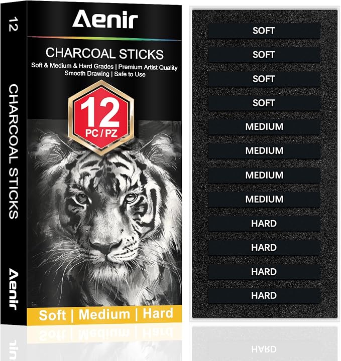 Aenir Compressed Charcoal Sticks Set of 12 – Soft, Medium, Hard Charcoal for Drawing, Sketching & Shading – Art Supplies for Artists, Beginners & Adults